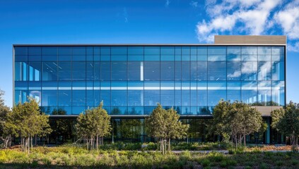 Obraz premium Modern glass office building under a partly cloudy sky