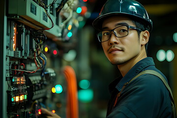 A male electrician is working on an electrical