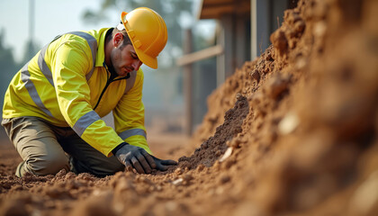 Engineer tests soil sample on construction site. Geotechnical survey, construction inspection work. Soil assessment, site investigation. Civil engineering, building foundation, ground stability.