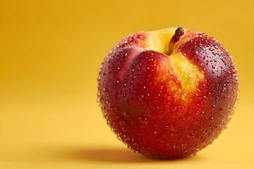 Close-up of a juicy peach with water droplets.