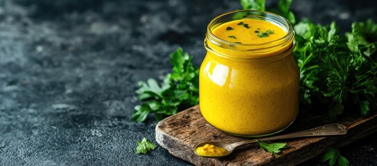 Fototapeta premium Golden sauce in a glass jar, garnished with fresh herbs, on a dark surface