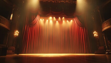 Grand theatre stage, lit by spotlights, with rich red velvet curtains