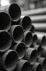 Monochrome close-up illustration of stacked industrial metallic pipes. Abstract steel texture in grayscale. Engineering, manufacturing, construction design concept. Pipes cylindrical, with shallow