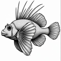 Fototapeta premium Black and white visual line art illustration of lionfish. Exotic marine creature for adult coloring book design. Detailed art, line drawing with unique body shape. Underwater animal illustration.