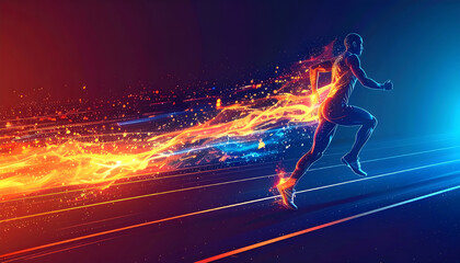 Athlete sprints, fiery trails, night race