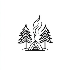Campfire scene with two pine trees and tent