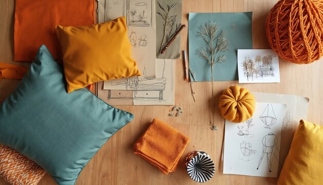 Mood board home decor inspiration. Includes fabric swatches, pattern samples, pillows, drawings, sketch. Inspiration for interior design, color palette, style. Flat lay composition with orange,
