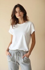 Obraz premium Woman in white t-shirt, grey sweatpants, relaxed pose. Natural light, neutral background. Casual outfit, comfortable style, lifestyle, everyday clothes. Fashionable look. Simple elegance, minimalist