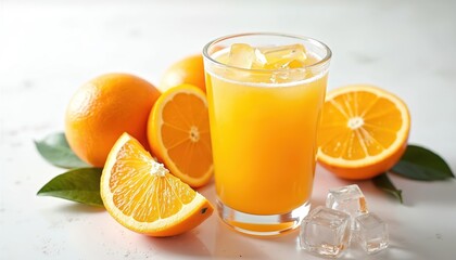 Glass orange juice with ice cubes fresh citrus fruits on white background. Refreshing cold drink with oranges halves and slices near leaves. Healthy summer beverage for breakfast.