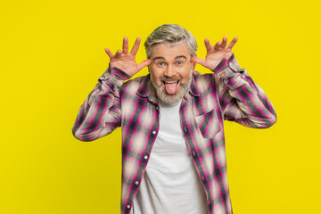 Caucasian, middle-aged mature man on yellow background showing carefree fun with tongue out and...