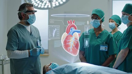 Mid adult medical professional training team of young doctors on augmented reality technology for surgery with floating heart hologram during medical practice with volunteer doctor on surgical table - Powered by Adobe