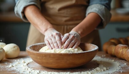 Hands kneading dough wooden bowl kitchen table. Preparation homemade pastry bread making process. Close-up of baker hands. Concept culinary workshop poster. Artisan skill cooking class advertisement.
