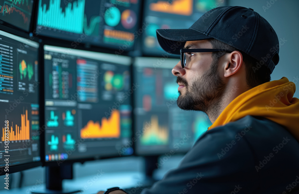 Poster Telecommunication engineer monitors network performance on digital dashboard. Man in glasses, cap at workplace. Engineer analyzes software interface, network connection, data flow. Technology,
