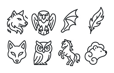 Fototapeta premium Animal and nature outline icons set – wildlife, forest, line art symbols