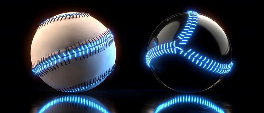 Neon Glowing Baseball Balls Dark Background Futuristic Sport
