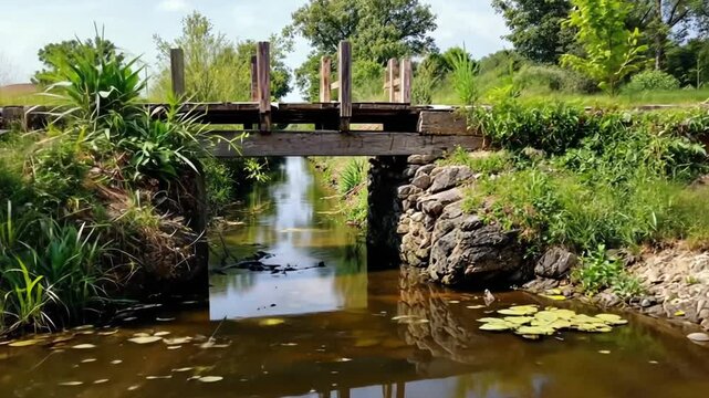 Rustic wooden bridge over a canal