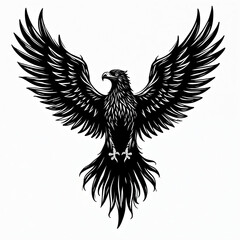 Obraz premium Black eagle tattoo design with spread wings against white backdrop. Powerful silhouette illustration, symbol of freedom, strength, power. Suitable for tattoo art, design elements, logo, print, emblem.