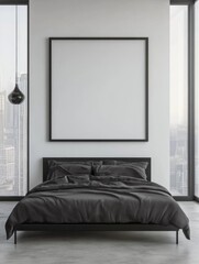 Large blank poster frame on the wall in an all-white minimalist bedroom with concrete floors and black bed frame.