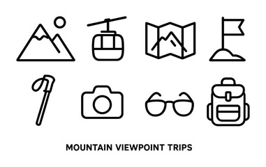 Mountain view and hiking icons set – line, outline, trekking and adventure symbols