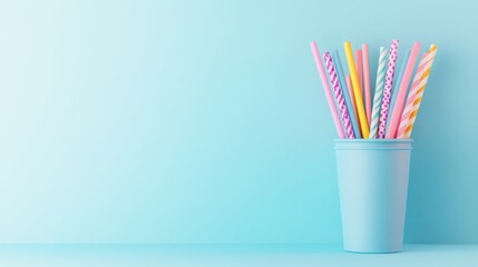 Obraz premium Colorful Drinking Straws in a Light Blue Cup Against a Soft Blue Background