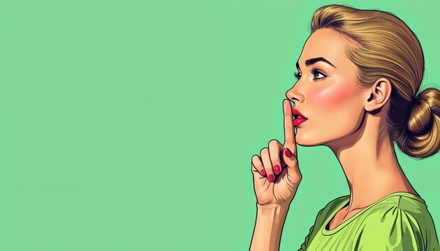 Pop Art illustration of woman making shush gesture on green background. Girl keeps forefinger over lips, makes silence gesture. Illustration can be used for secrets, gossips, be quiet concepts.