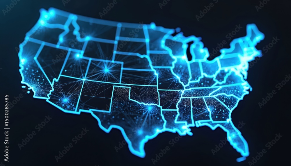 Poster glowing digital map usa dark background. futuristic design, network structure, connected dots. tech 