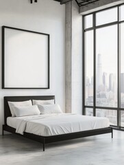 Large blank poster frame on the wall in an all-white minimalist bedroom with concrete floors and black bed frame.