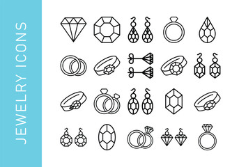 Jewelry icons. Set of 20 stylish minimal line icons. Includes ring, necklace, pendant, bracelet, and earrings. Perfect for web design, mobile apps, packaging, and branding. Vector illustration.