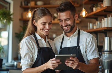 Smiling barista couple wearing apron. Man, woman working in coffee shop, cafe. Writing order on tablet, start up business concept. Startup cafe owners. Happy, cheerful. Cafe interior, modern.