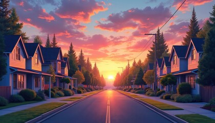 Naklejka premium Suburban street sunset illustration. Houses, trees, asphalt road, colourful sky. Residential neighborhood during twilight hours. Warm light, tranquil atmosphere, peaceful suburban lifestyle concept.