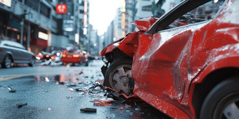 Damaged red car in city street accident
