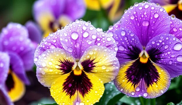 Purple and yellow pansy flowers with raindrops in a garden setting  