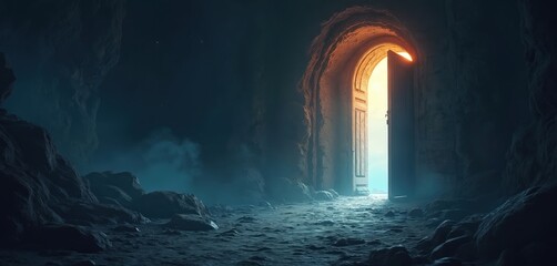 Mysterious arched doorway bathed in ethereal light. Open gate leads to fantastic, mystical, surreal world. Dream entrance to hidden land, open way to adventure. AI generated artwork for fantasy