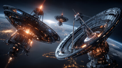 Global Satellite internet communications concept. Satellite transmits digital signals from space on world map. Satellite dish translation communication signals. Global wireless network technology.