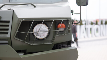 Military Vehicle With Protective Features Displayed During a Defense Exhibition Showcasing...