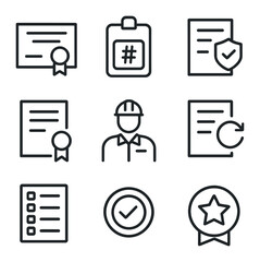 Fototapeta na wymiar Contractor Licensing Icons. Outline icon set of contractor licensing: license certificate, license number badge, insurance policy,