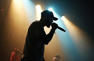 Silhouette rapper holding microphone performing on stage under bright lights. Rapper in cap delivers lyrics at concert, night event with dynamic energy. Musician, vocalist, performer in spotlight.