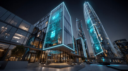 Smart building technology, automated systems, IoT, Hands of robot hold smart building network connection, energy management, security systems, and building automation technology.