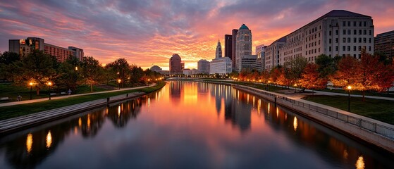 Fototapeta premium Cityscapes glow reflecting in river at dusk