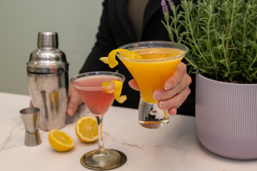 Elegant cocktail arrangement featuring orange and pink drinks garnished with citrus twists,...