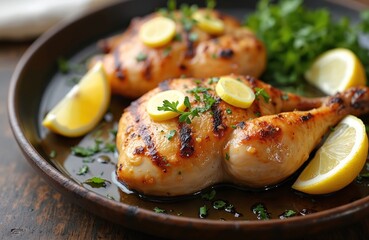Grilled chicken with lemon slices, herbs, butter on plate. Golden brown, crispy texture. Delicious meal with healthy diet ingredients, suitable for culinary, food blogs and recipe websites.