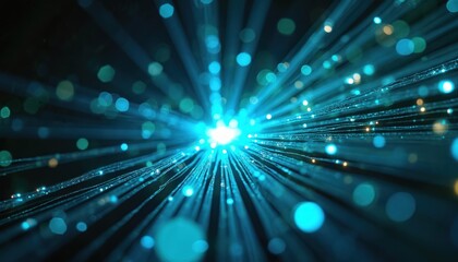 Obraz premium Glowing optical fibers radiating vibrant blue and green light against dark background. Photon tech, data transfer, internet, network, communication, innovation, connection. Digital age.