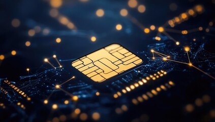 Close-up of golden chip on dark circuit board with glowing connections