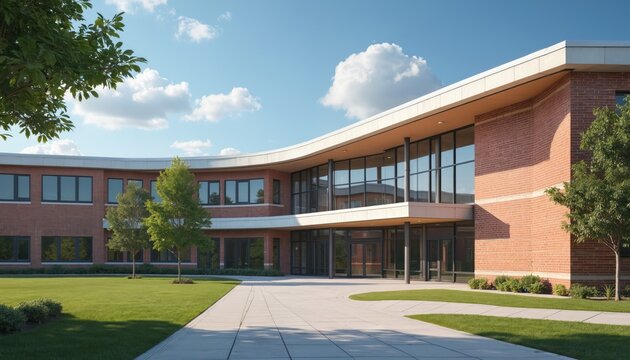 Exterior view of modern American school building on sunny day. Red brick, glass facade with lawn, walkway. Education, learning concept. Architecture, design, back to school, safe place for children.