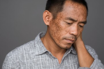 Fototapeta premium Hyperpigmentation, Melasma, Skin Condition Awareness Photo. Concerned man with skin discoloration, Gray Background.