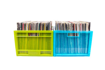 Vinyl  records in two plastic boxes. Isolated