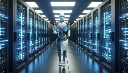 A humanoid robot walks through a futuristic data center filled with rows of illuminated server racks.
