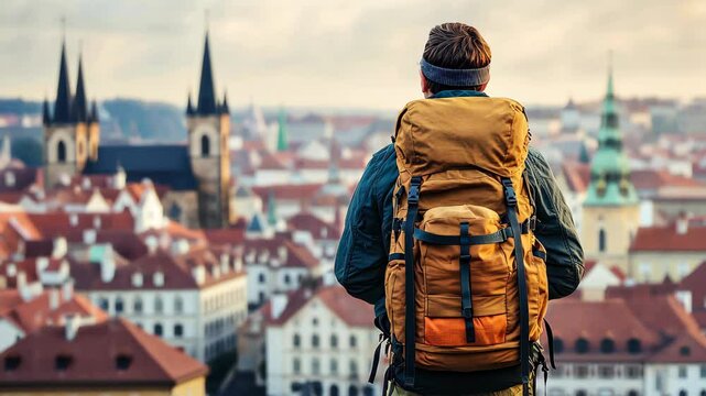 Traveler Overlooking City: A lone traveler with a large backpack stands overlooking a picturesque European city, taking in the stunning cityscape. The image evokes a sense of adventure, exploration.