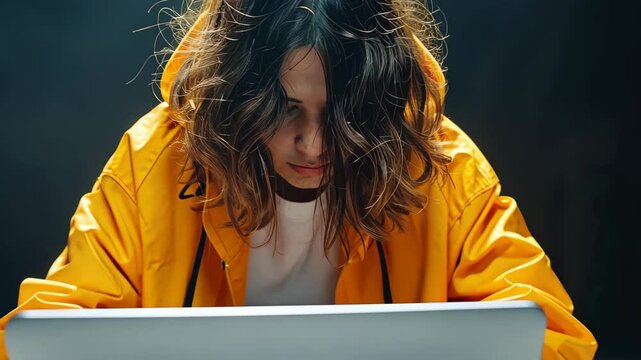 Tech Hacker in Focus: A determined individual, fully immersed in the digital world, deeply engrossed in their work on a modern laptop, with a compelling narrative of dedication and precision.
