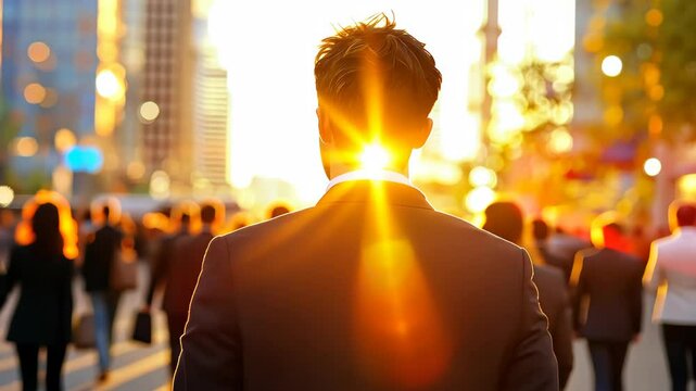 A Day of Ambition: A distinguished individual strides with unwavering confidence amidst the dynamic energy of a bustling urban landscape, illuminated by the sun.